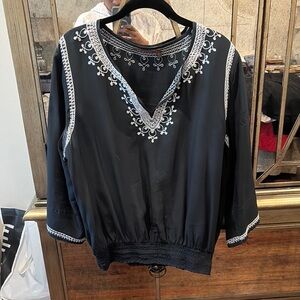 525 America Black Blouse with 3/4 Sleeves and Embroidered Design